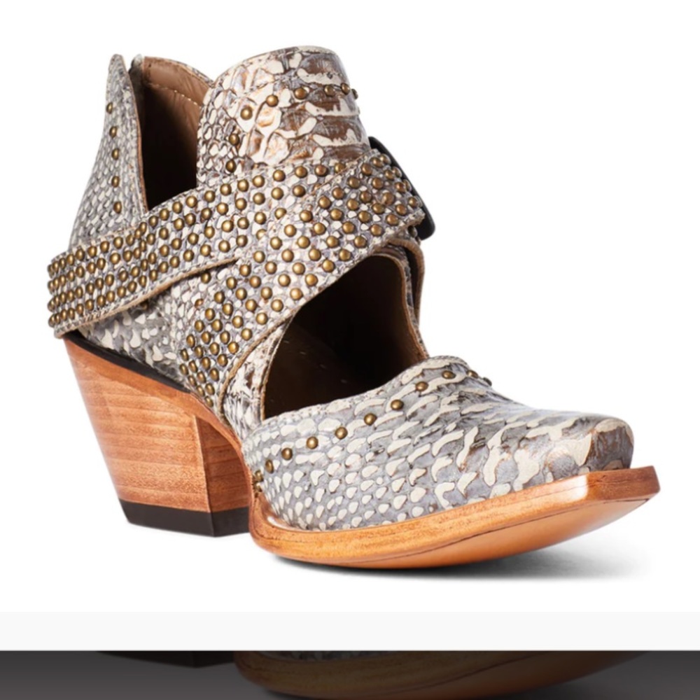 Ariat studded snake print cowboy booties, Size 7